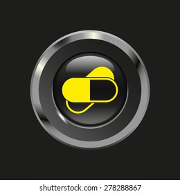 Black glossy button with metallic elements and yellow icon pills, on black background, vector design website