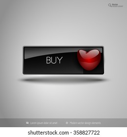 Black glossy button with red heart. Vector business design elements.