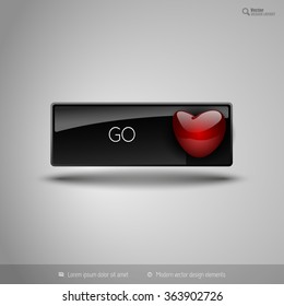 Black glossy button with red heart. Vector business design elements.