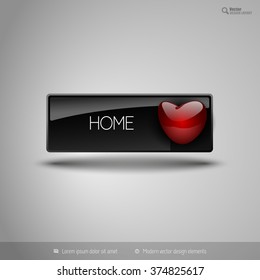 Black glossy button with red heart. Vector business design element.