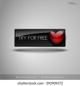 Black glossy button with red heart. Vector business design elements.