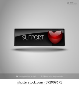 Black glossy button with red heart. Vector business design elements.
