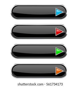 Black glossy buttons with colored arrows. Oval icon with metal frame. 3d Vector illustration on white background.