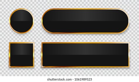 Black glossy buttons with gold elements set isolated on transparent background.