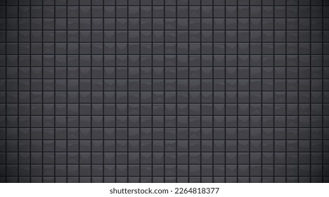 Black glossy ceramic square tiles pattern horizontal background. Home interior, bathroom and kitchen wall and floor texture. Vector dark shiny brick wall background