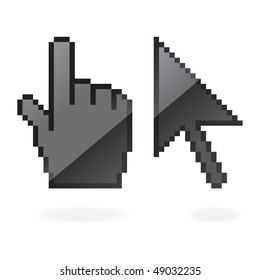 Black glossy cursor and hand with shadow on white