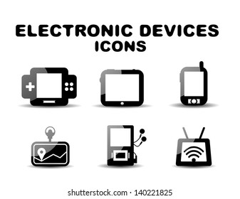 Black glossy electronic devices vector icon set
