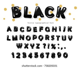 Black glossy font design. ABC letters and numbers. Glitter golden confetti.