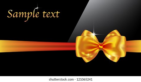 Black glossy greeting card with golden bow and ribbon. Vector illustration