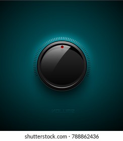 Black glossy interface button for volume control with reflect and shadow. Vector illustration. Sound icon, music knob with scale on turquoise plastic background