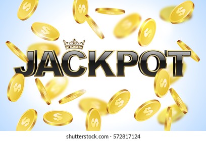 Black Glossy Jackpot Text With Crown In Golden Frame And Falling Coins Background. Winner Casino