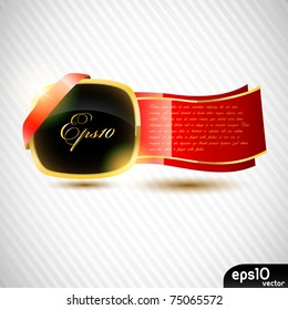 Black glossy label with red ribbon