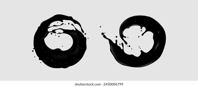 Salpicadura en forma de círculo líquido brillante negro. Conjunto de Ilustración vectorial 3D realista de la pintura oscura o de la onda circular de la tinta. Flujo dinámico Abstractas de la acción del aceite o de la gasolina. Salpicaduras de gasolina que caen.