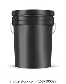 Black glossy metal or plastic bucket with handle isolated on white background, realistic vector mockup illustration. Pail container, template.