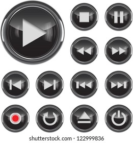 Black glossy multimedia control/icon web design elements set. Vector illustration