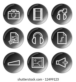 Black glossy multimedia icons set. Vector.