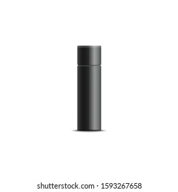 Black glossy plastic bottle for shampoo, shower gel, lotion, body milk, bath foam. Realistic packaging mockup template. Front view. Vector illustration.