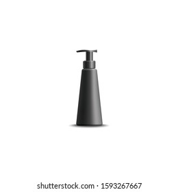 Black glossy plastic bottle for shampoo, shower gel, lotion, body milk, bath foam. Realistic packaging mockup template. Front view. Vector illustration.