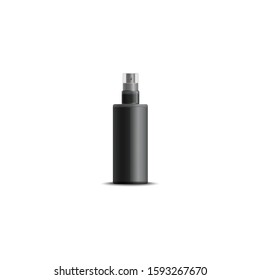Black glossy plastic bottle for shampoo, shower gel, lotion, body milk, bath foam. Realistic packaging mockup template. Front view. Vector illustration.