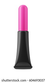 Black glossy plastic tube with pink rounded cap for mascara or other cosmetics. Realistic packaging mockup template. Front view. Vector illustration.