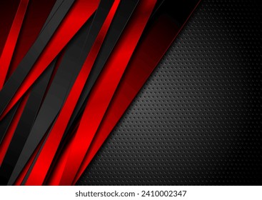 Black and glossy red stripes on dark perforated background. Vector hi-tech geometric design