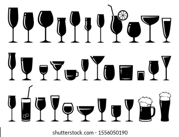 black glossy silhouettes set of glasses for wine, cocktail, beer, liquor, sherry, brandy, margarita cocktail, cognac, champagne, martini, vodka, whiskey