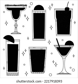 Black glossy silhouettes set of glasses for wine, cocktail, liquor, margarita cocktail, champagne, martini. Vector illustration isolated on white background.Minimal poster with alcoholic beverage.