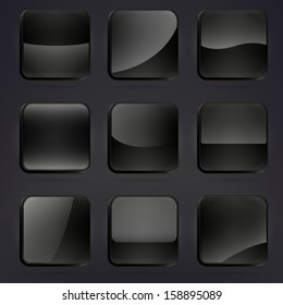 Black glossy square application buttons or app banners with rounded corners and different gloss reflection effect over, eps10 vector