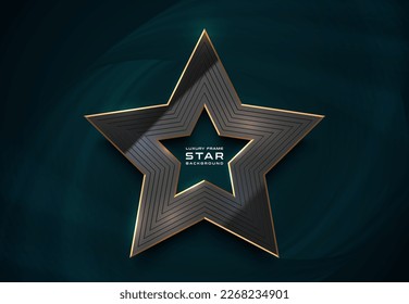 Color de forma estrella brillante negro logotipo marco de borde dorado. El dorado del marco de lujo brilla en el fondo oscuro. Diseño abstracto de estilo de vidrio. Líneas grabadas ilustración de efecto de luz de patrón de estrella geométrica
