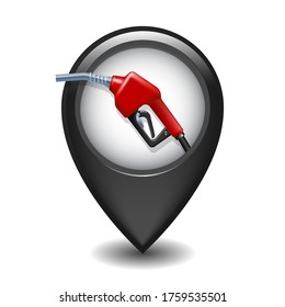 Black Glossy Style Map Pointer With Fuel Handle Pump Nozzle With Hose. Business And Service Concept Of Petrol Station, Petroleum Station, Filling Station Or Gas Station Sign