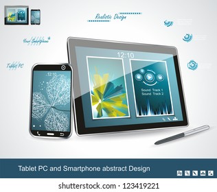 Black glossy tablet PC and touchscreen smartphone isolated on white reflective background