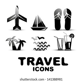 Black glossy travel vector icon set