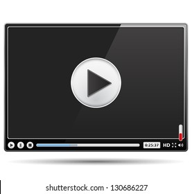 Black glossy video player template on white background, vector eps10 illustration