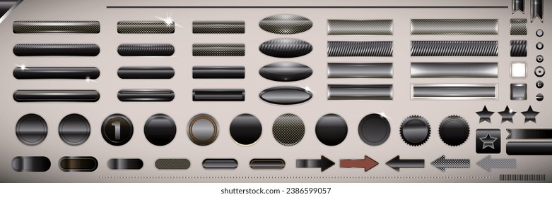 Black glossy we button set. Black buttons collection isolated on grey background. Vector Arrows, badge, stars, design elements and button set
