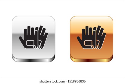 Black Gloves icon isolated on white background. Extreme sport. Sport equipment. Silver-gold square button. Vector Illustration