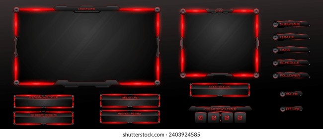 Black and Glow Red Border Futuristic Live Stream Overlay Webcam Frames and Stream Info Screen Panels on Black Background