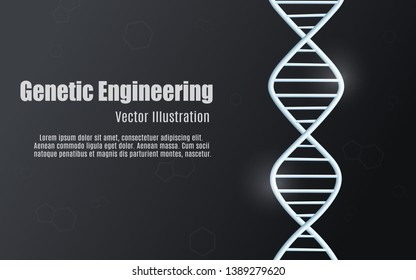 Black glowing background of genetic engineering, dna molecular structure. Chemical and medical science for the health of genes and dna, 3d vector illustration background.