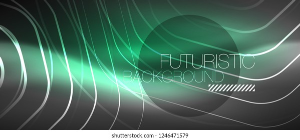 Black and glowing color lines neon design, magin techno template background, vector
