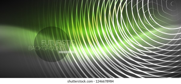 Black and glowing color lines neon design, magin techno template background, vector
