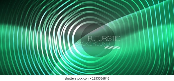 Black and glowing color lines neon design, magin techno template background, vector