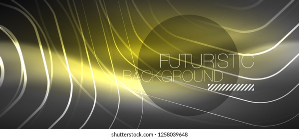 Black and glowing color lines neon design, magin techno template background, vector