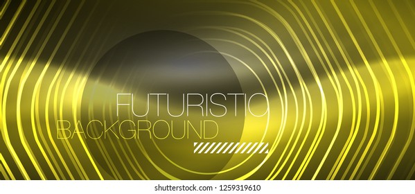 Black and glowing color lines neon design, magin techno template background, vector