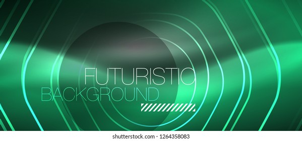 Black and glowing color lines neon design, magin techno template background, vector