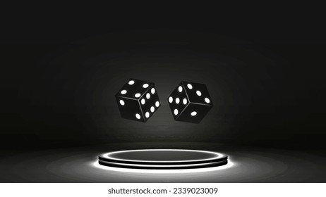 Black glowing floating poker dice on a podium with neon lights. A concept for a casino.