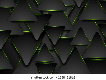 Black and glowing green triangles abstract hi-tech background. Vector design