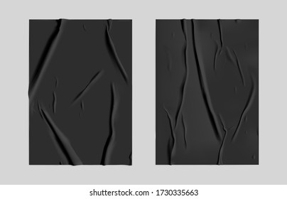 Black glued paper set with wet wrinkled effect on gray background. Black wet paper poster template set with crumpled texture. Realistic vector posters mockup