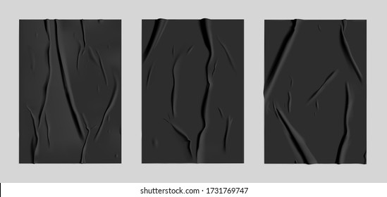 Black glued paper set with wet wrinkled effect on gray background. Black wet paper poster template set with crumpled texture. Realistic vector posters mockup