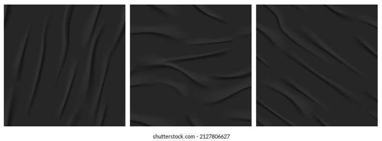 Black glued paper texture. Realistic background of wet pages or crumpled fabric. Vector seamless patterns of blank stickers with wrinkles. Empty square adhesive sheets isolated on background