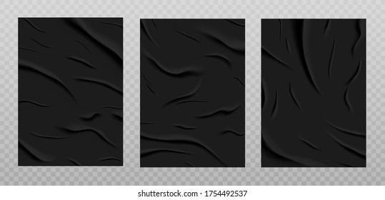 Black glued paper texture, wet wrinkled paper sheets set. Posters with crumpled and creased wrinkles isolated on a transparent background. Vector illustration. A4 format. - Shutterstock ID 1754492537