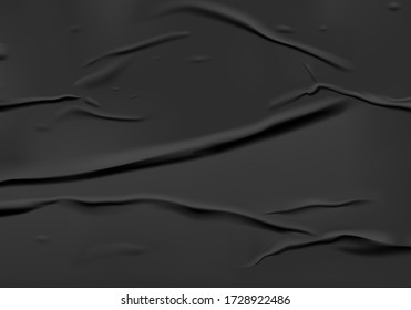 Black glued paper with wet wrinkled effect. Black wet paper poster template with crumpled texture. Realistic vector posters mockup